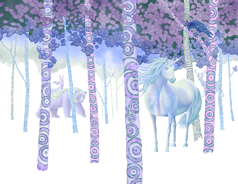 Unicorn in snowy forest with bear and rabbit