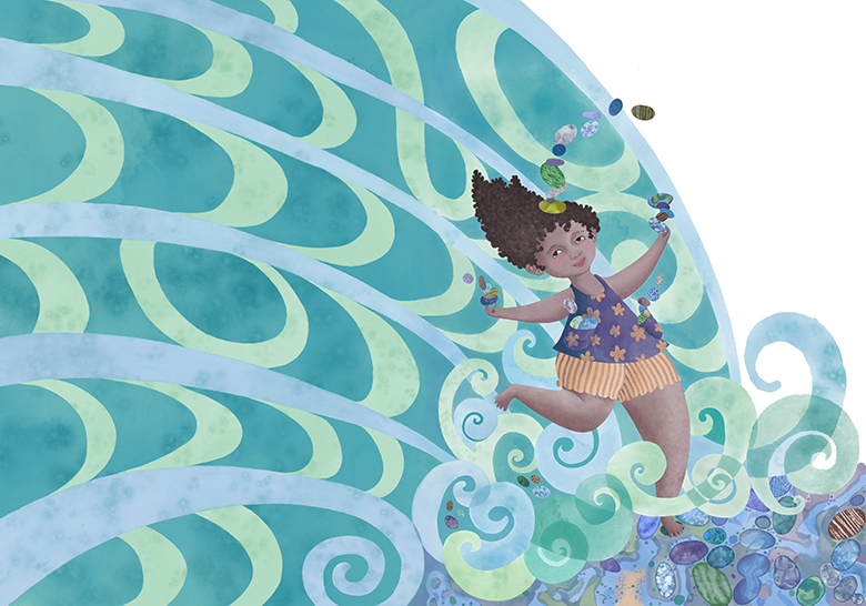 Black girl dancing in waves with sea rocks