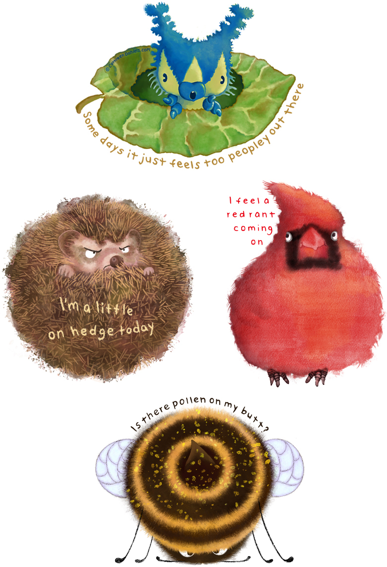 Caterpillar, hedgehog, cardinel, bee
