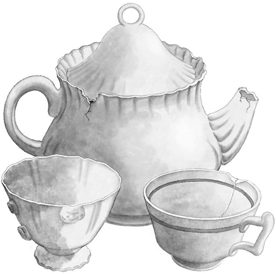 victorian chipped kettle and teacups