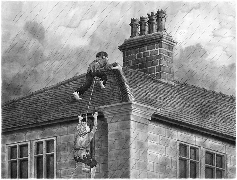 boys climbing roof