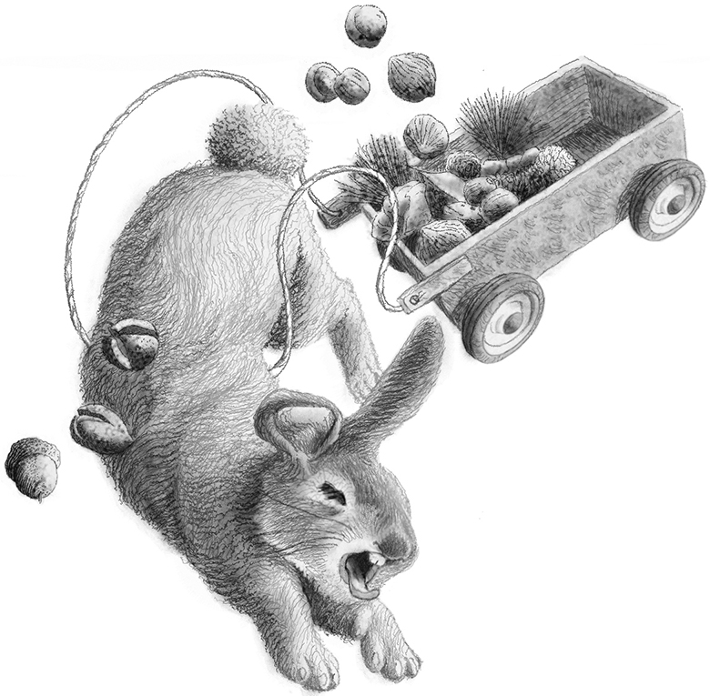 rabbit pulling acorn cart