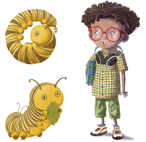 boy and two caterpillars