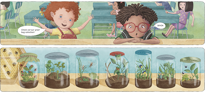 boy & girl looking at bugs in jars